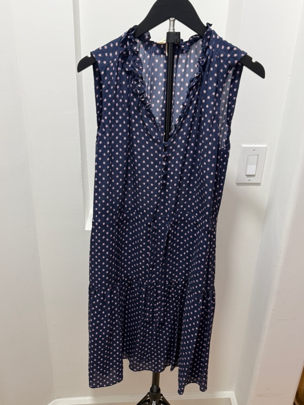 Rebecca Taylor Navy Midi Dress with Pink Dot Print
